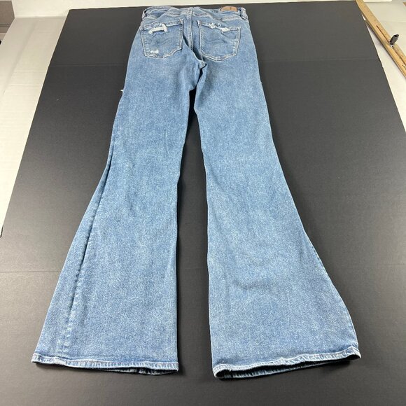 American Eagle Jean Women 27x30 Super Hi Rise Flare Blue Distressed Denim Tag 4L - Picture 10 of 16